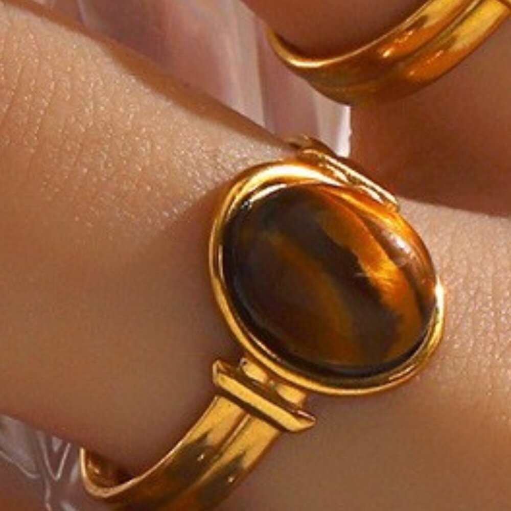 18k Stainless Steel Tarnish Free Stone Ring In Tiger Eye Stone